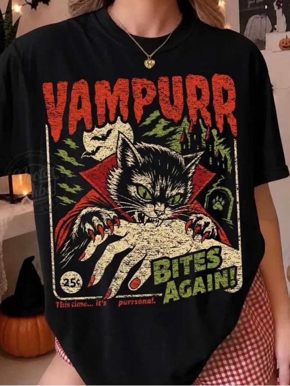 Vampurr Bites Again! Halloween Cat Graphic Tee - Black